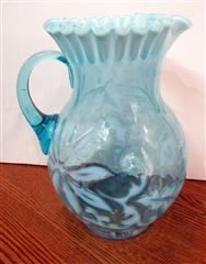 VINTAGE AQUA BLUE OPALESCENT ART GLASS FLOWER & LEAF RUFFLED/PLEATED RIM 9.5